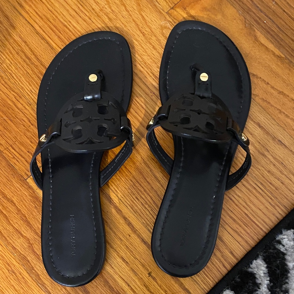 Tory Burch Miller Black Sandals with Gold Accents